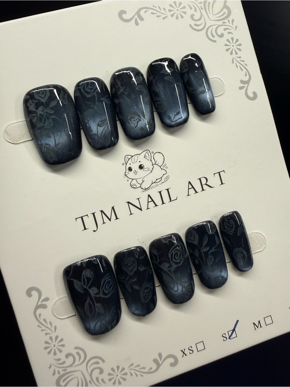 Deep Blue Cateye floral Press-On Nails in Small